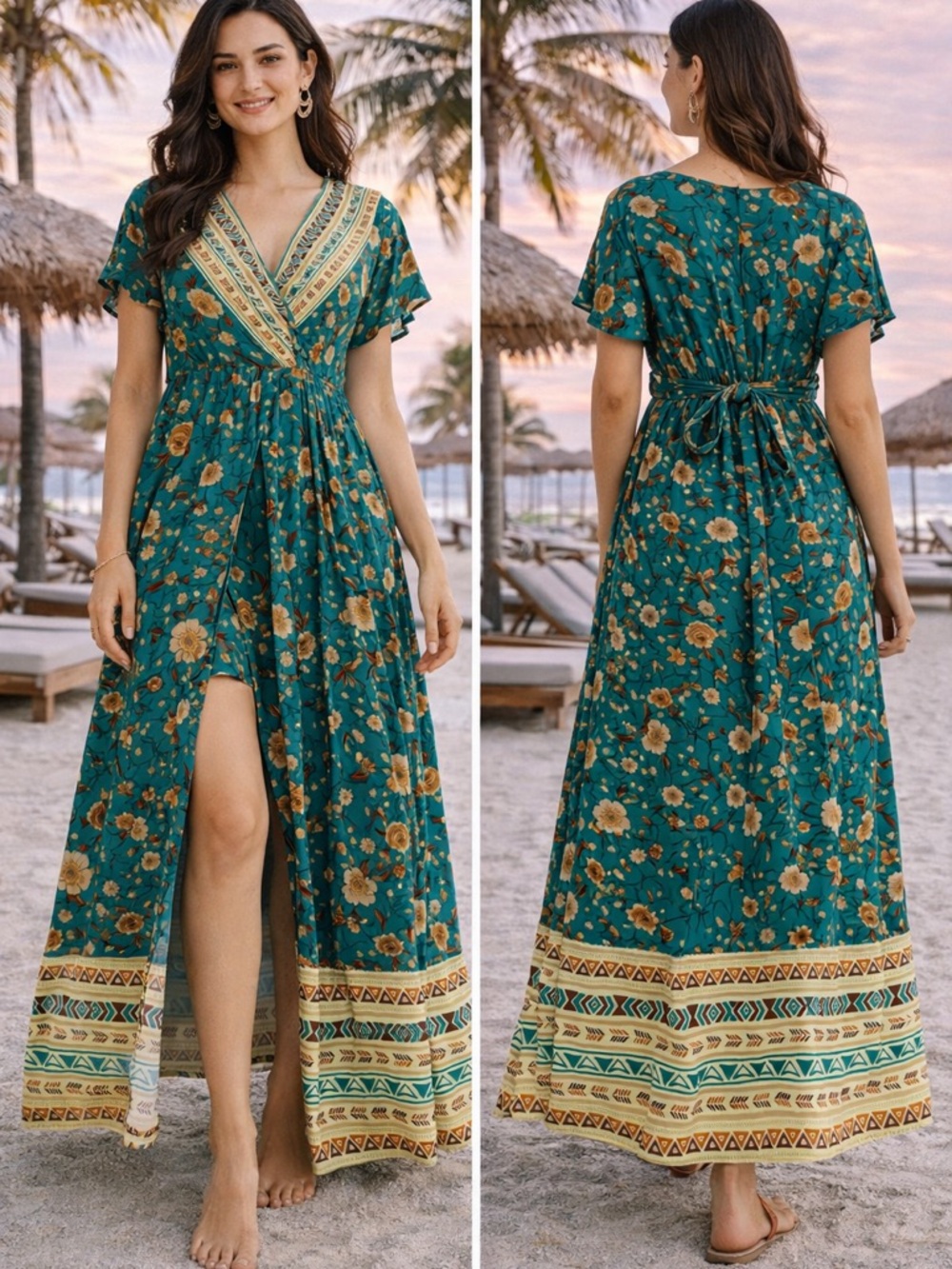 Lapis Teal Floral Maxi Dress with Border Print